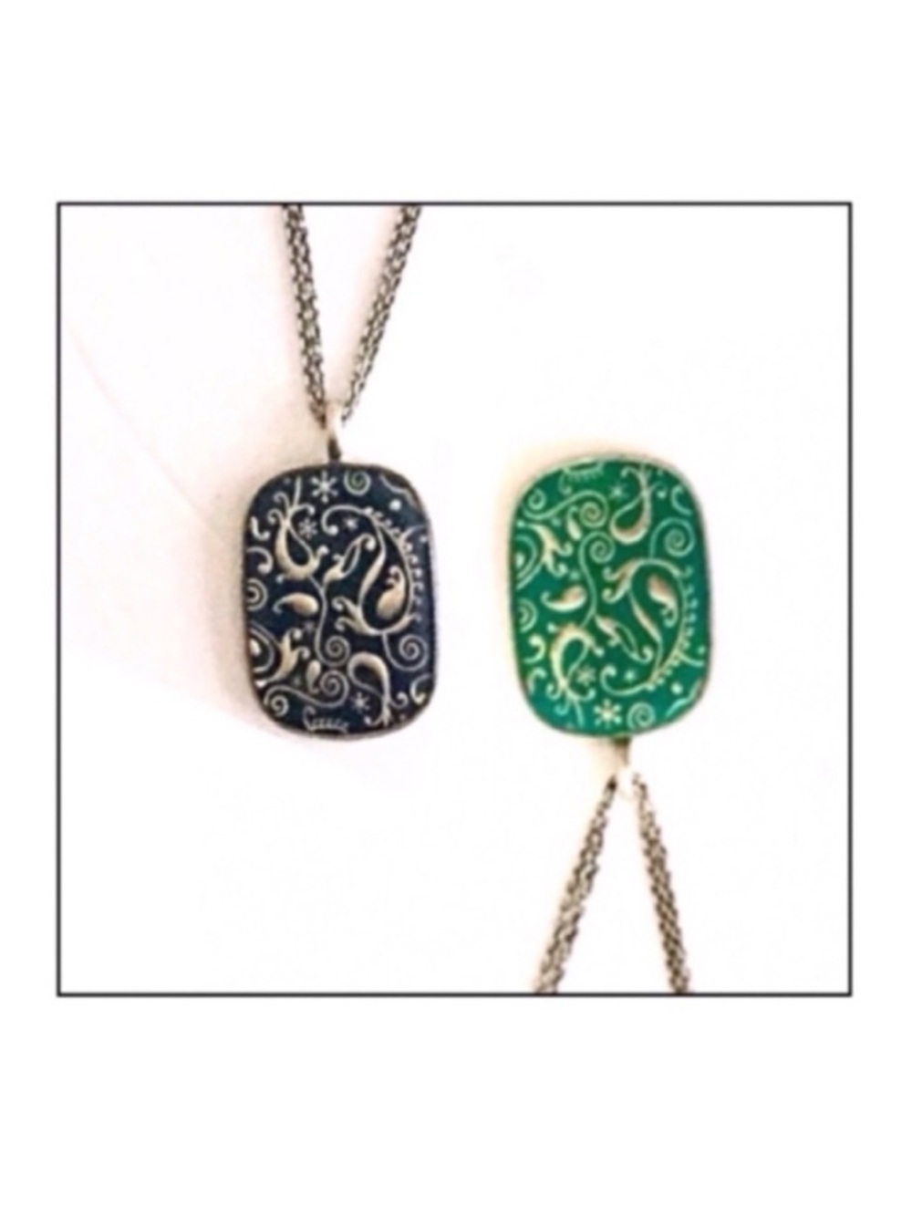 Two Sided Filigree Pendant Necklace in Blue Green